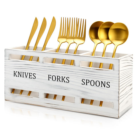 Ayiaren Farmhouse Wooden Utensil Caddy front view adds rustic charm and organized counter space.
