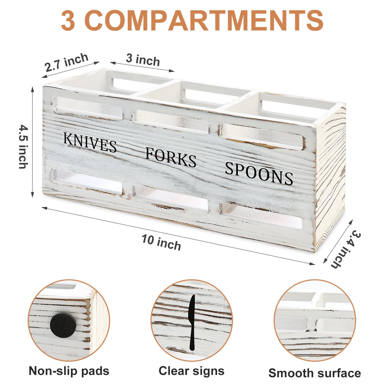 Ayiaren Farmhouse Wooden Utensil Caddy shows three spacious compartments for versatile storage.