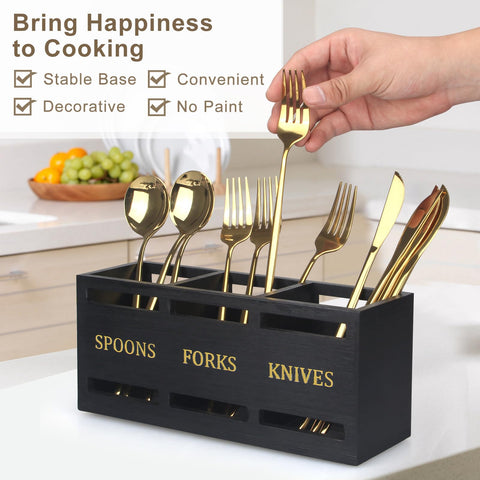 Ayiaren flatware caddy on the counter with three compartments for spoons, forks, and knives.