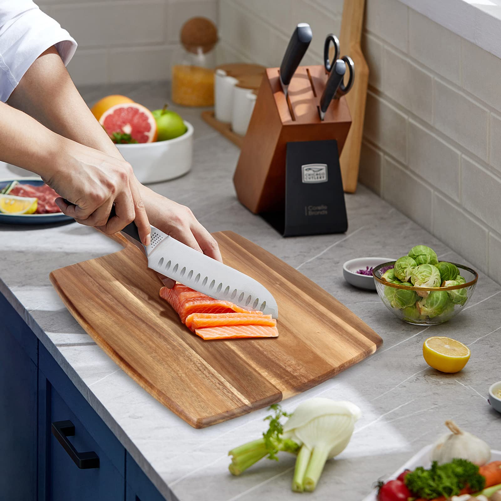 Ayiaren kitchen decor cutting board on display with rustic finish.