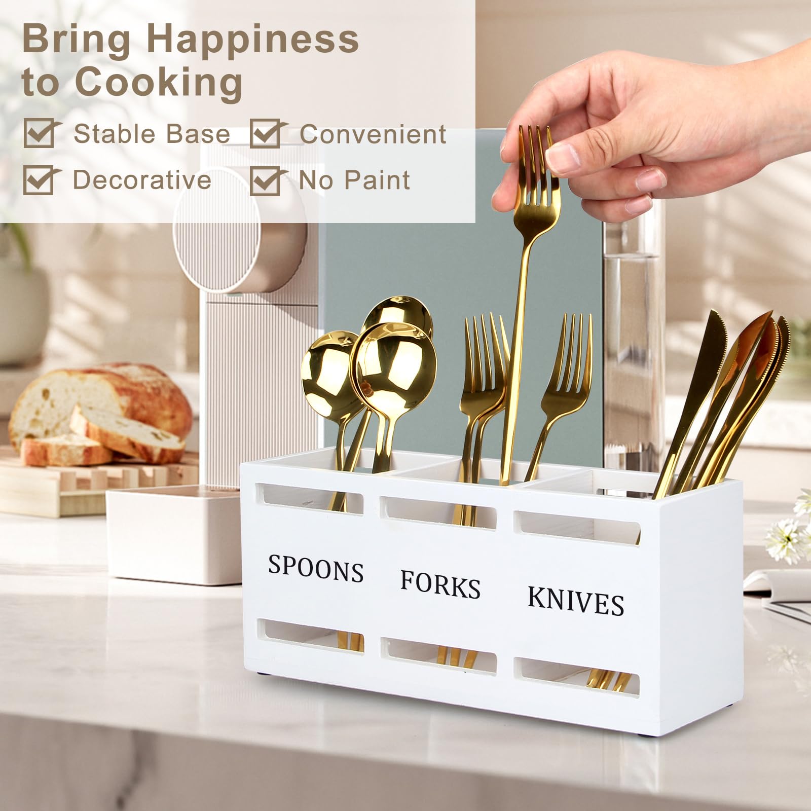 Ayiaren 3-compartment wooden caddy offers large capacity for utensil organization at gatherings.