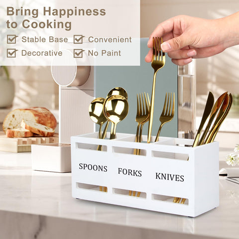 Ayiaren 3-compartment wooden caddy offers large capacity for utensil organization at gatherings.