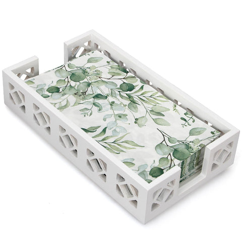 Ayiaren white wooden guest towel holder front view for elegant napkin display on bathroom counter.