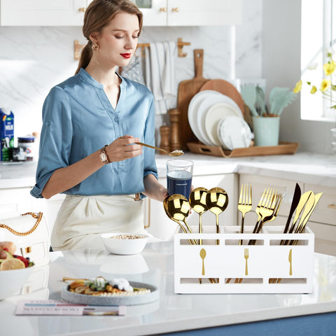 Ayiaren wood flatware caddy with three compartments for tidy utensil separation