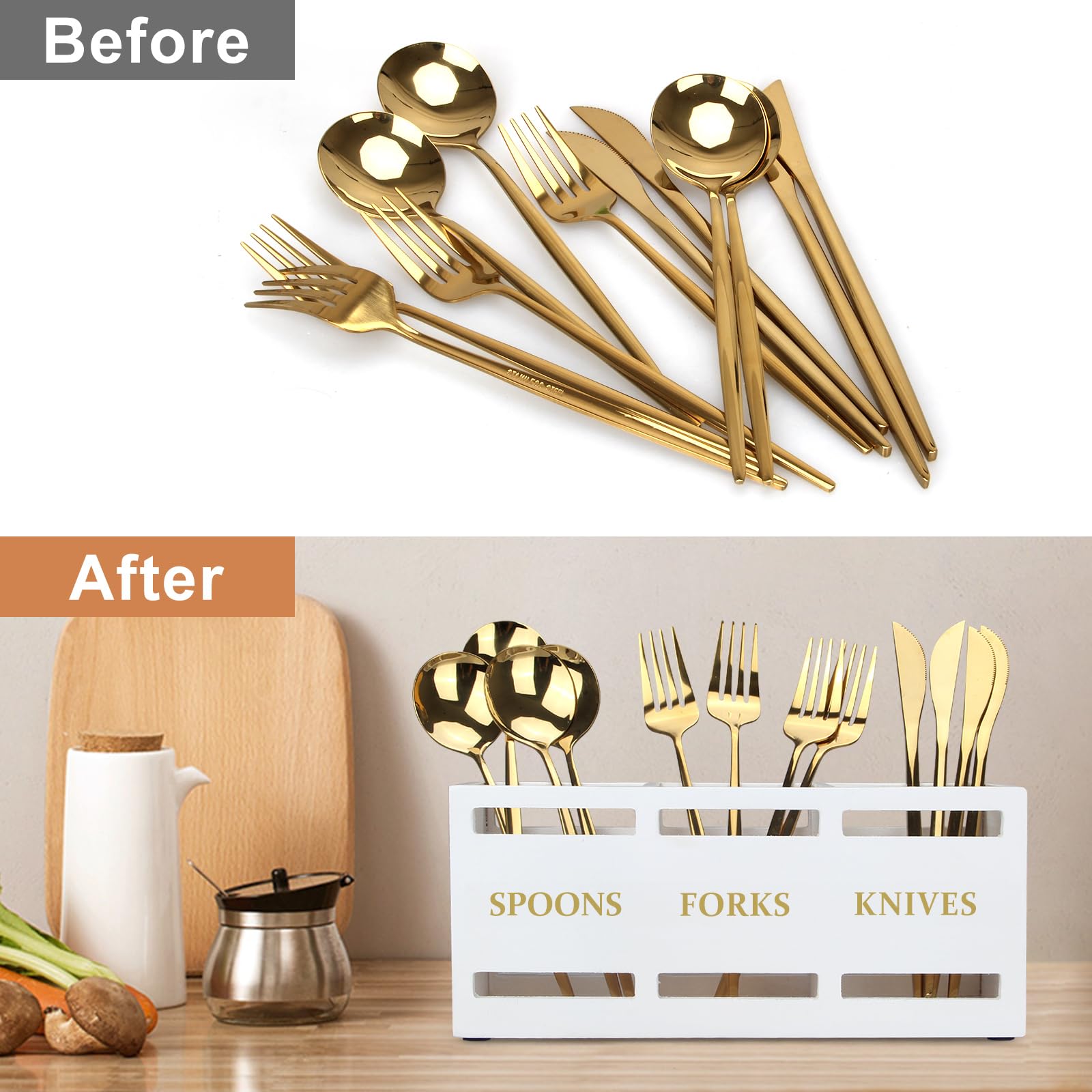 Ayiaren wood flatware caddy on a stylish kitchen counter for everyday use