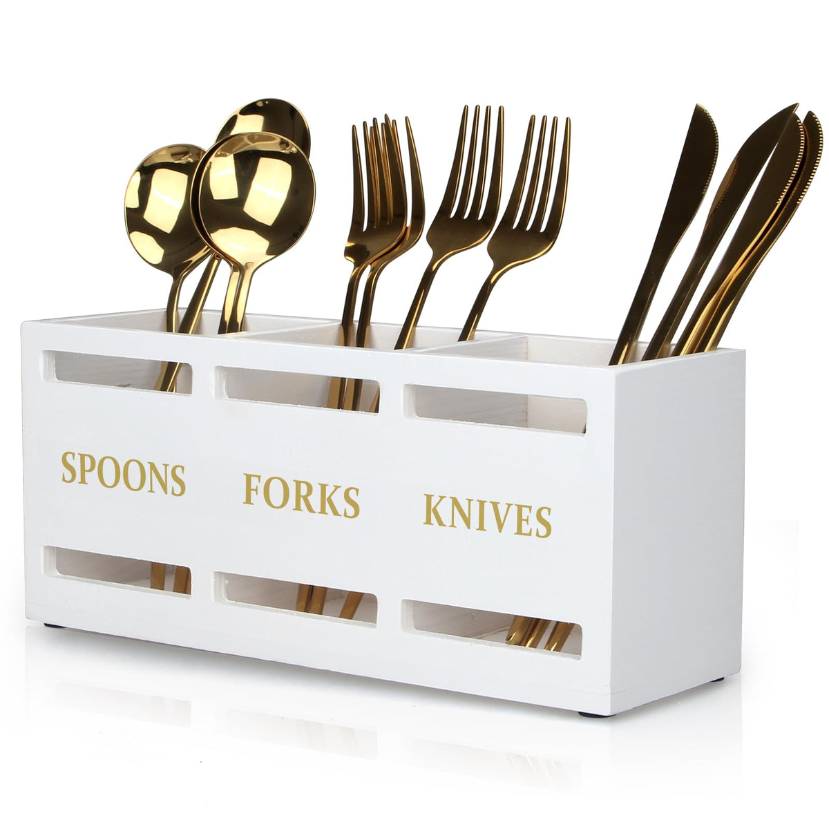Ayiaren wooden flatware caddy viewed from the top for easy counter organization