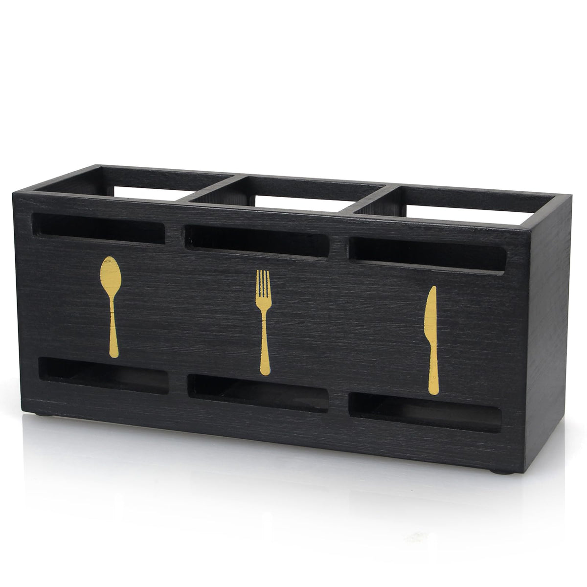 Ayiaren wooden cutlery holder on a counter showing three compartments for organized utensils.