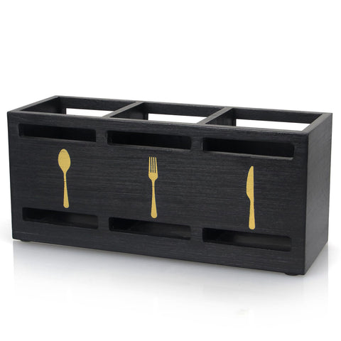 Ayiaren wooden cutlery holder on a counter showing three compartments for organized utensils.