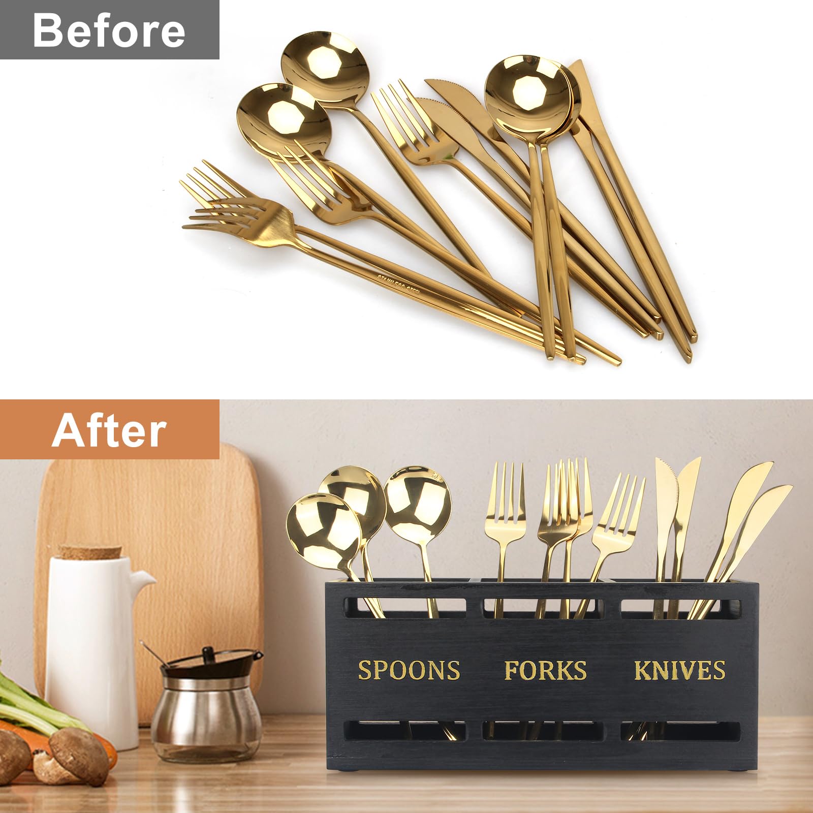 Ayiaren wooden cutlery holder ready for camping or pantry organization.