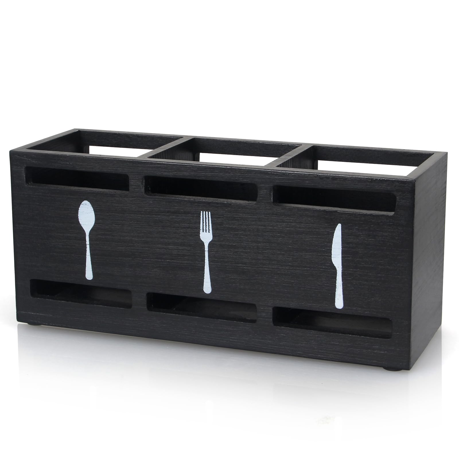 Ayiaren wooden silverware caddy on a counter keeps utensils neatly separated.