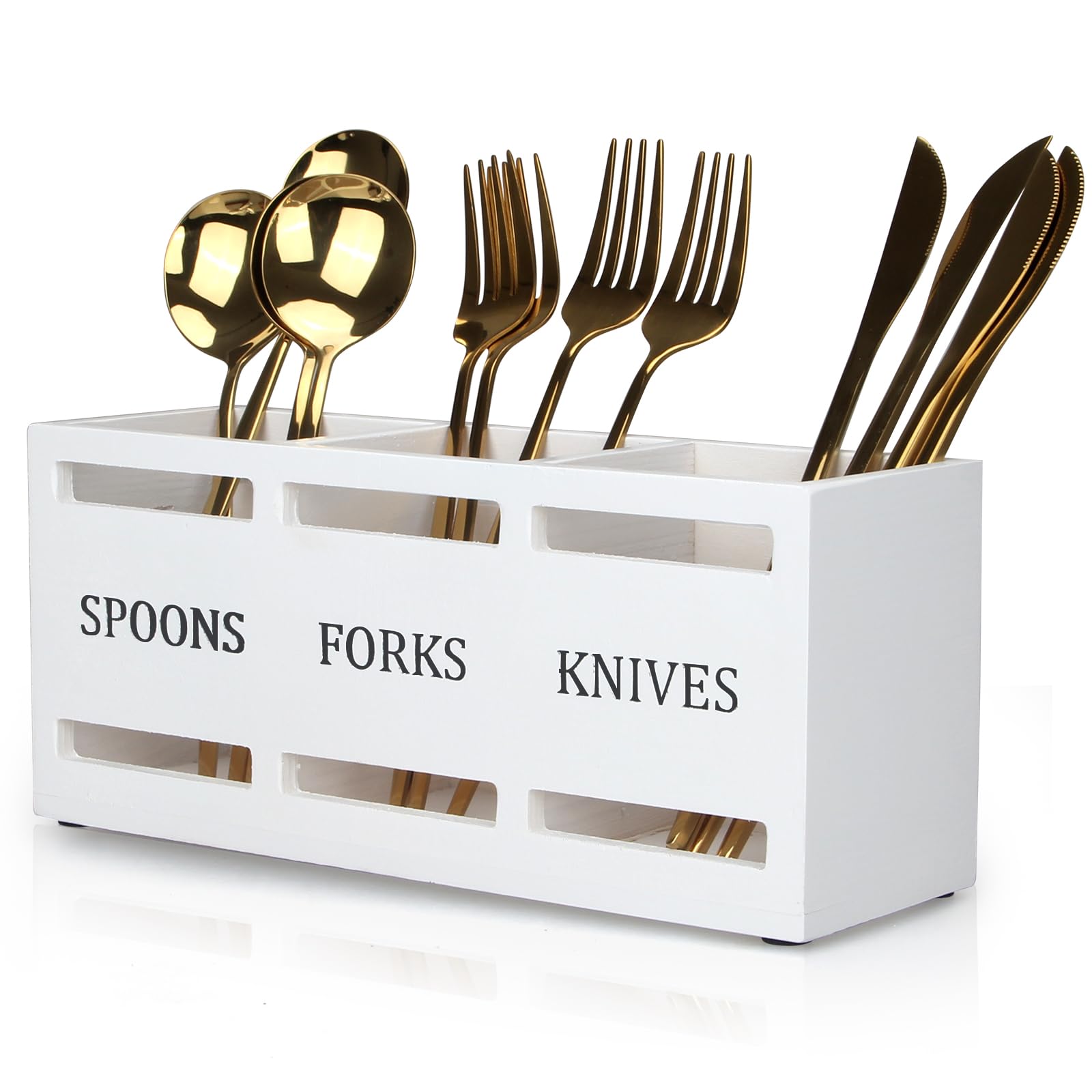Ayiaren wooden silverware holder on the counter, front view showing organized spoons and forks.