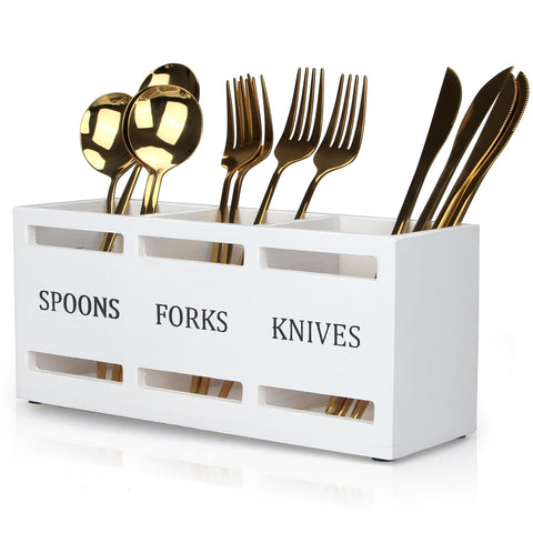 Ayiaren wooden silverware holder on the counter, front view showing organized spoons and forks.