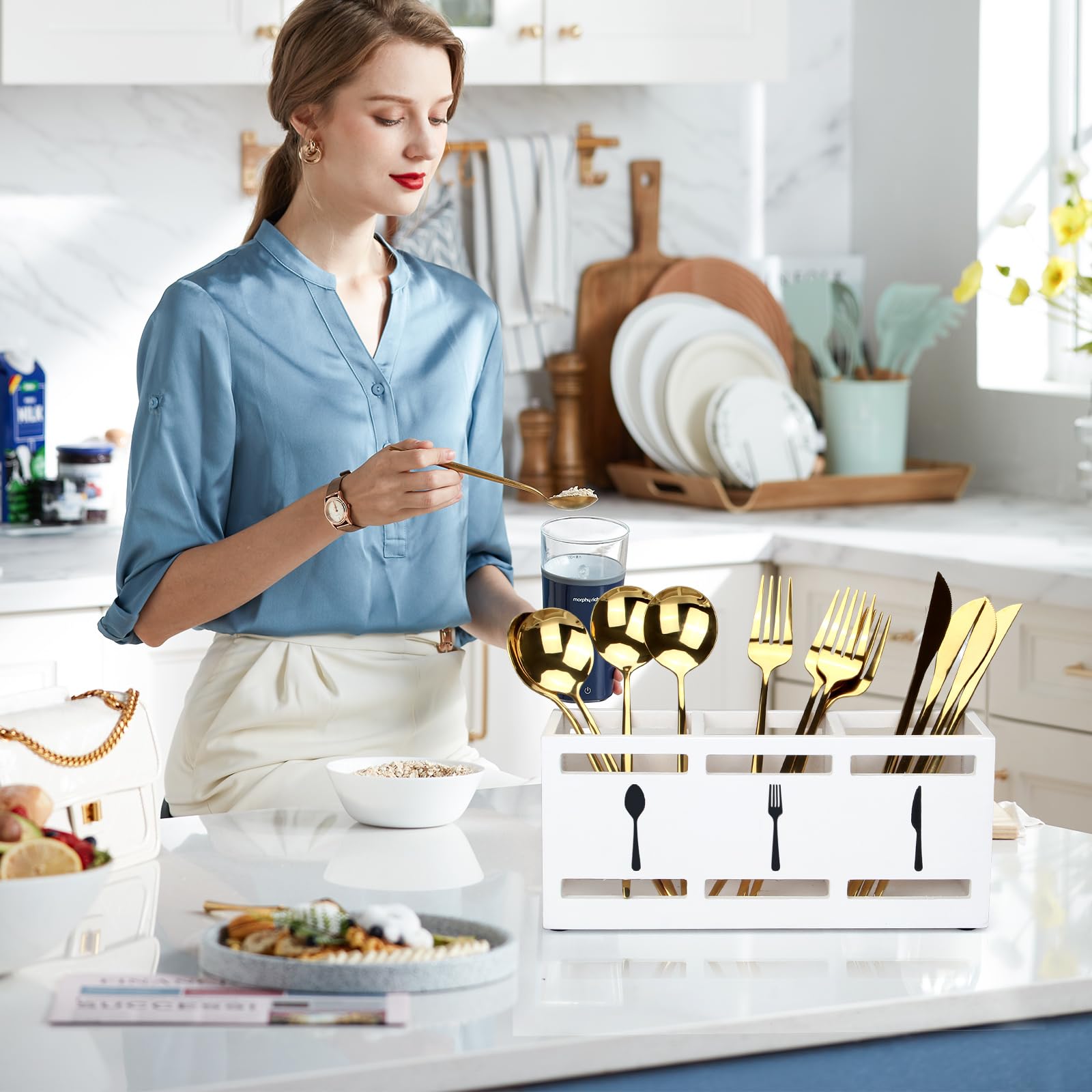 Ayiaren wooden silverware holder side view with three compartments for tidy separation.
