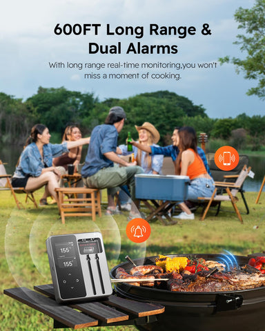 AYMDKI 600ft Bluetooth range graphic for long-distance grilling