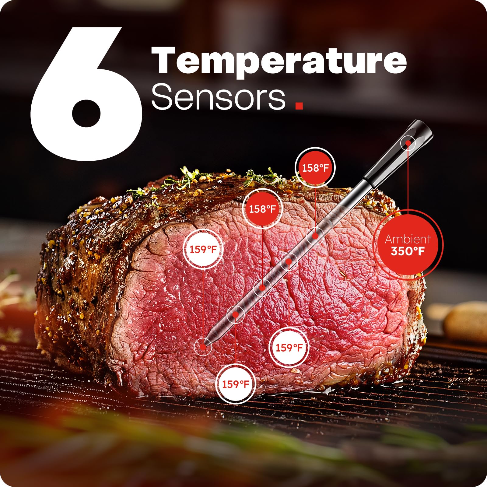 AYMDKI ultra-thin probe closeup highlights fast, accurate temps without losing juices.