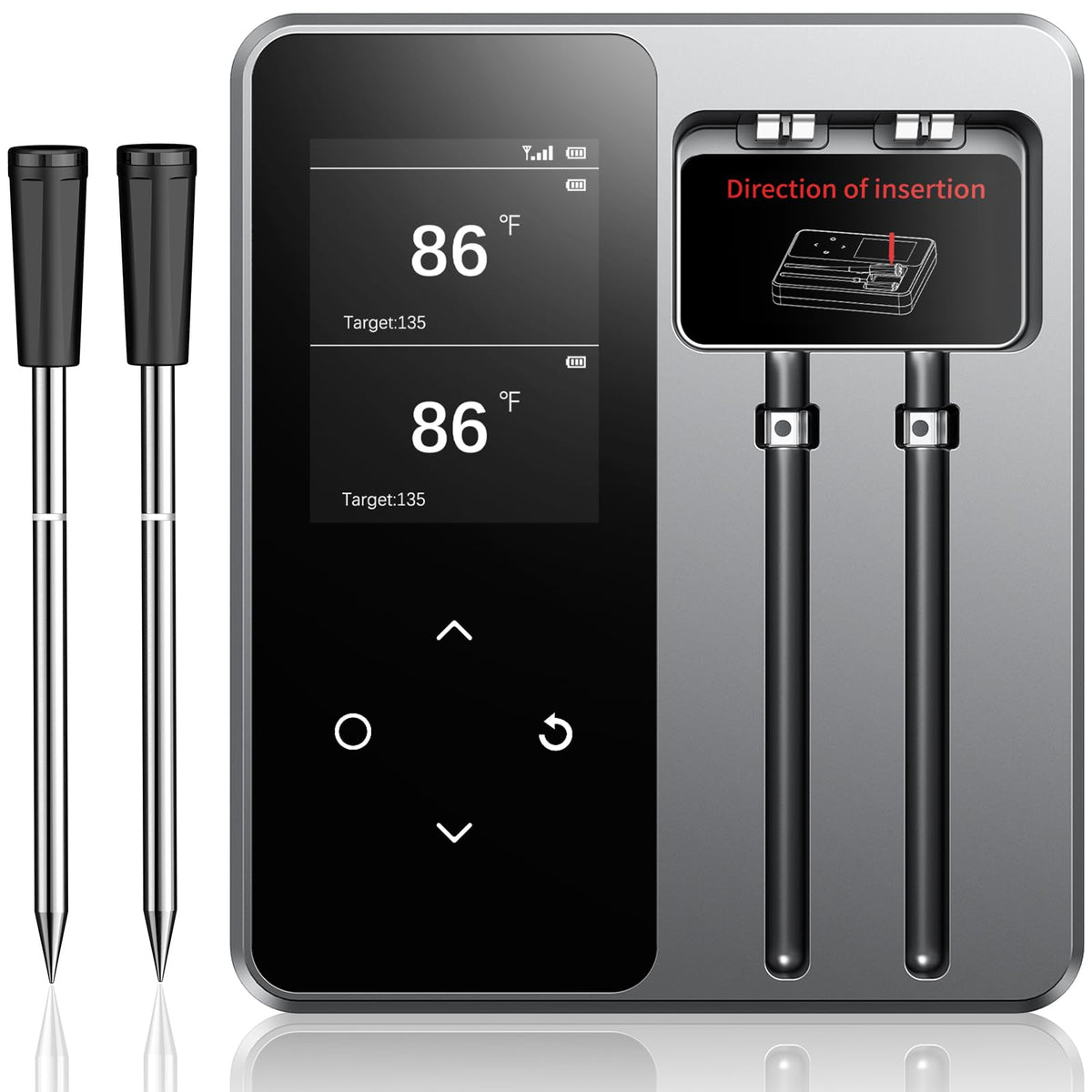 AYMDKI wireless meat thermometer on counter with app readouts for precision cooking