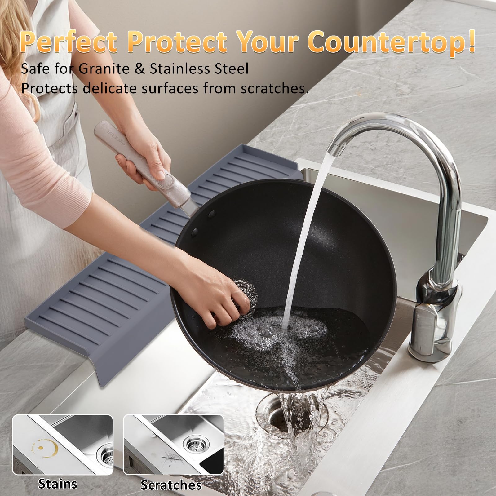 AyNirser raised splash guard directs water back to the sink, reducing counter splashes.
