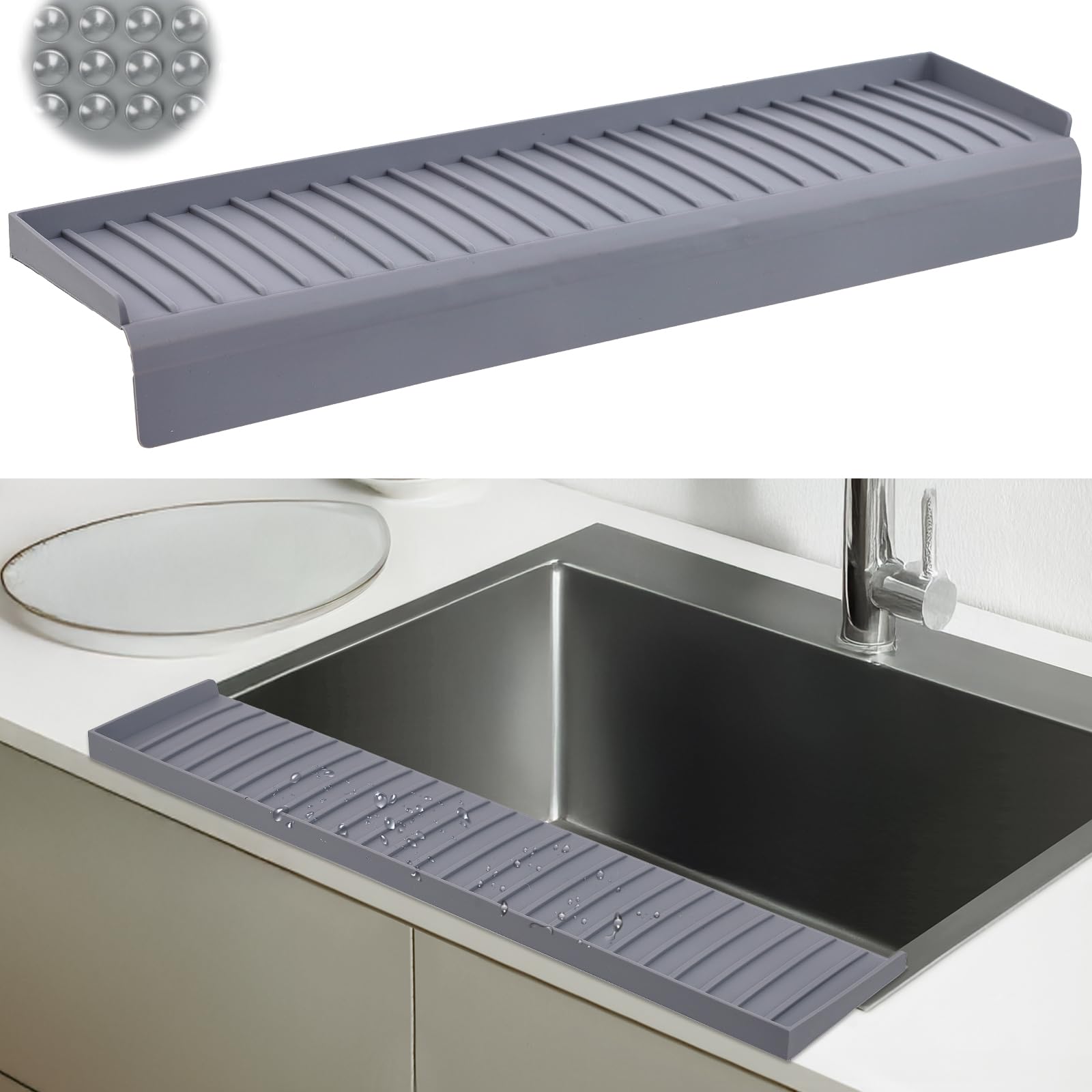 AyNirser sink edge protector with suction base secures along sink edge for splash control.