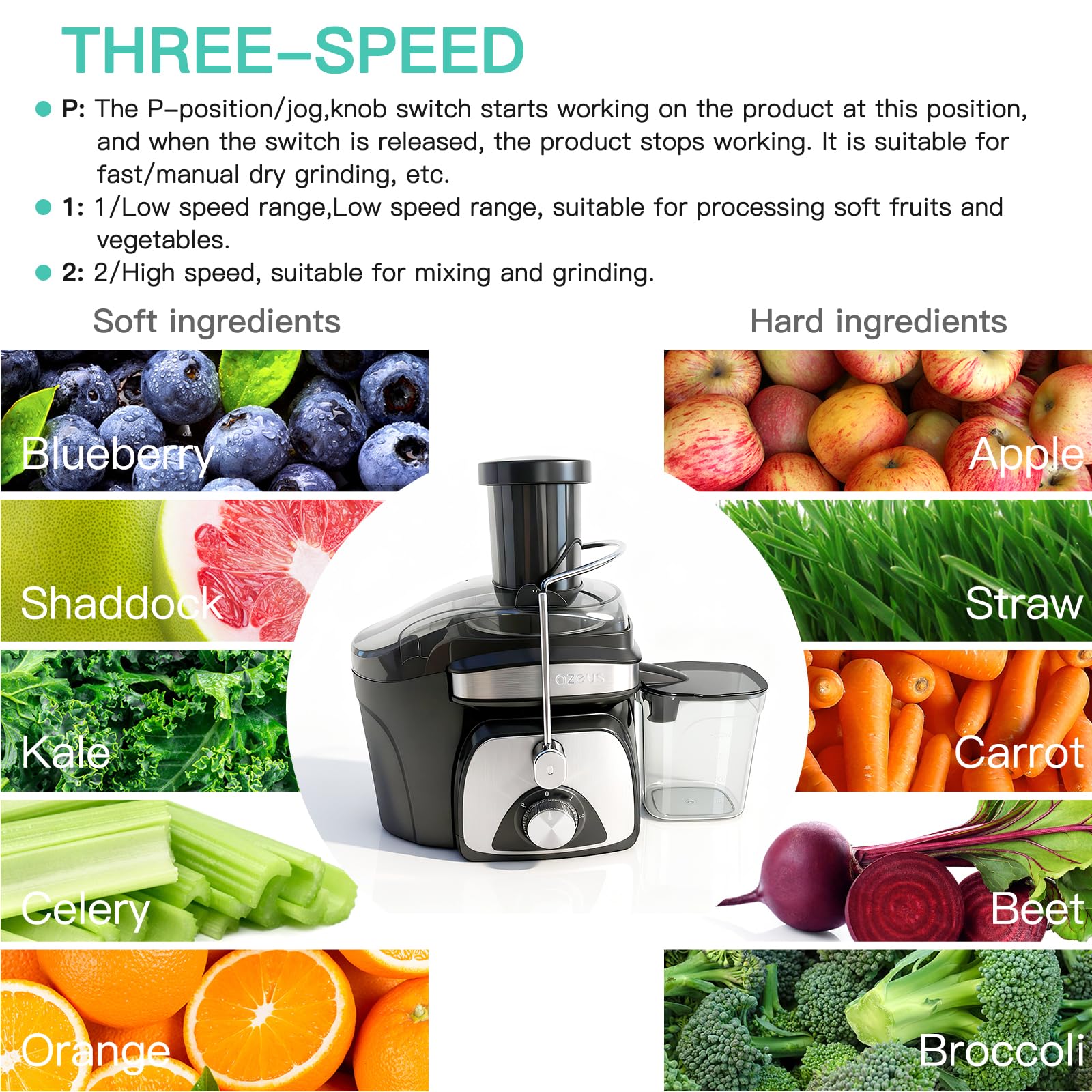 AZEUS juicer with dual speed modes to tailor softness or hardness of produce.