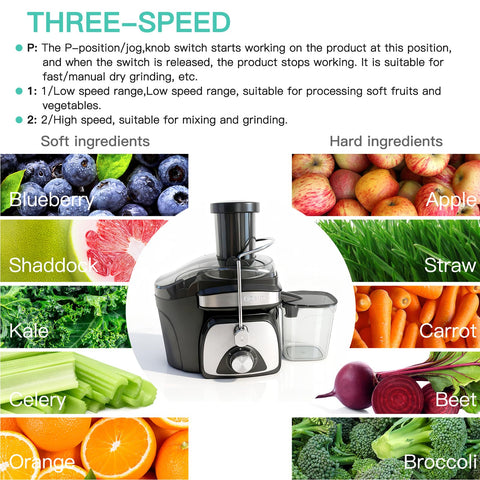 AZEUS juicer with dual speed modes to tailor softness or hardness of produce.
