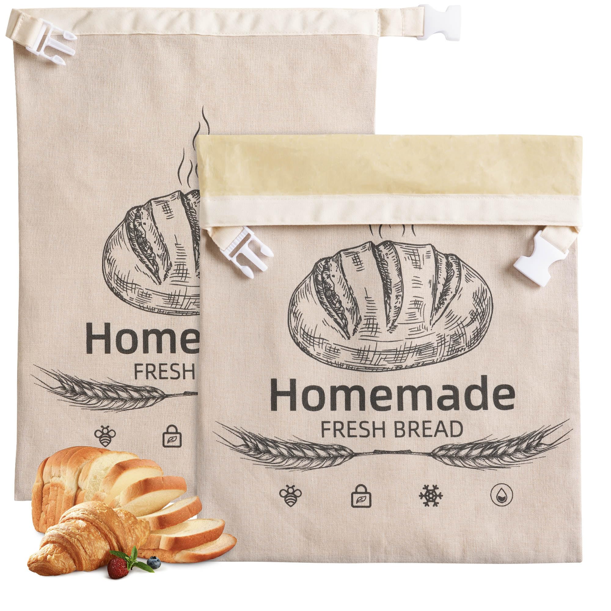 AZLTC beeswax bread bag two-pack front view keeps bread fresh and reusable.