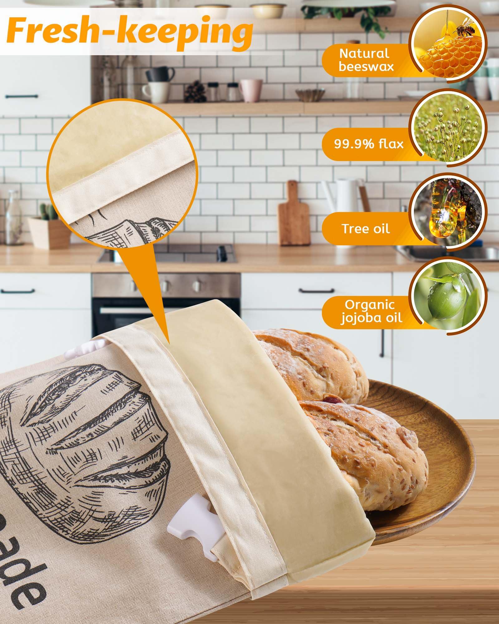 AZLTC beeswax bread bag two-pack side view shows seal and size for standard loaves.