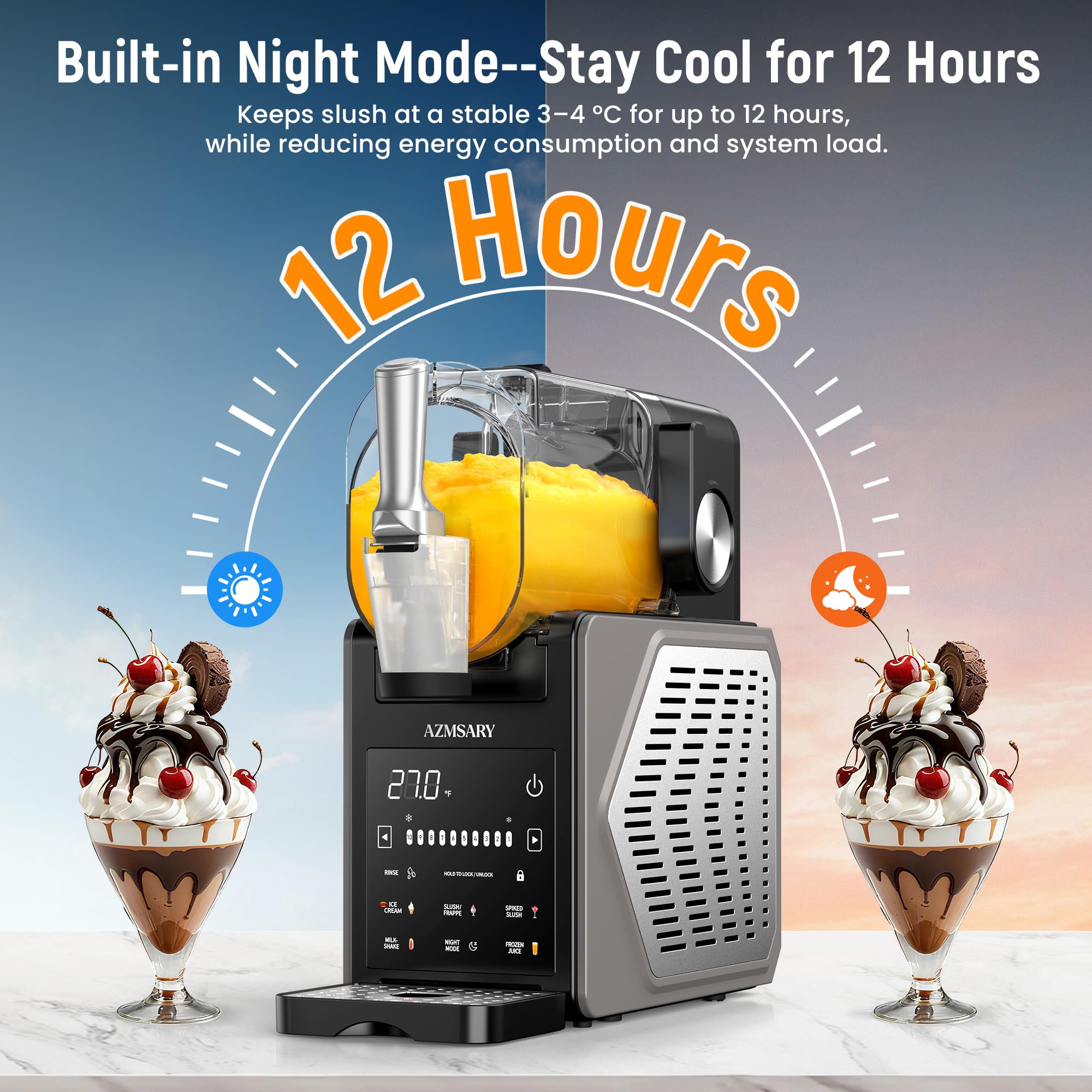 Azmsary slushie machine auto-cleaning and dishwasher-safe parts.