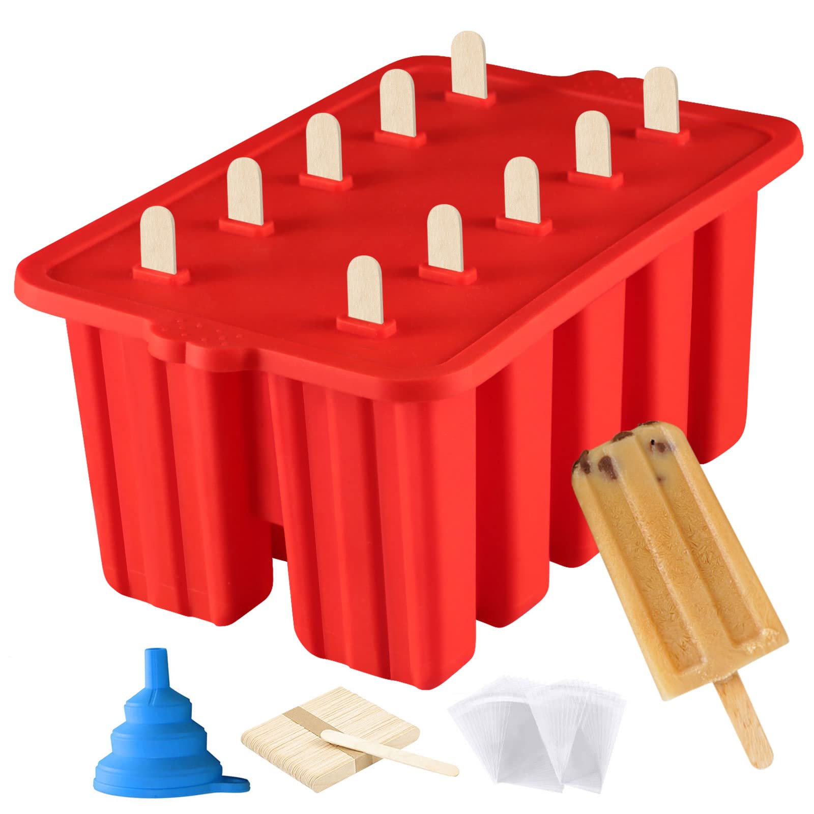 Azonbey silicone popsicle molds with 10 cavities in red cone shape for fun frozen treats