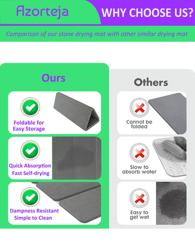 Azorteja drying mat with dishes on it shows efficient drying and tidy counters.