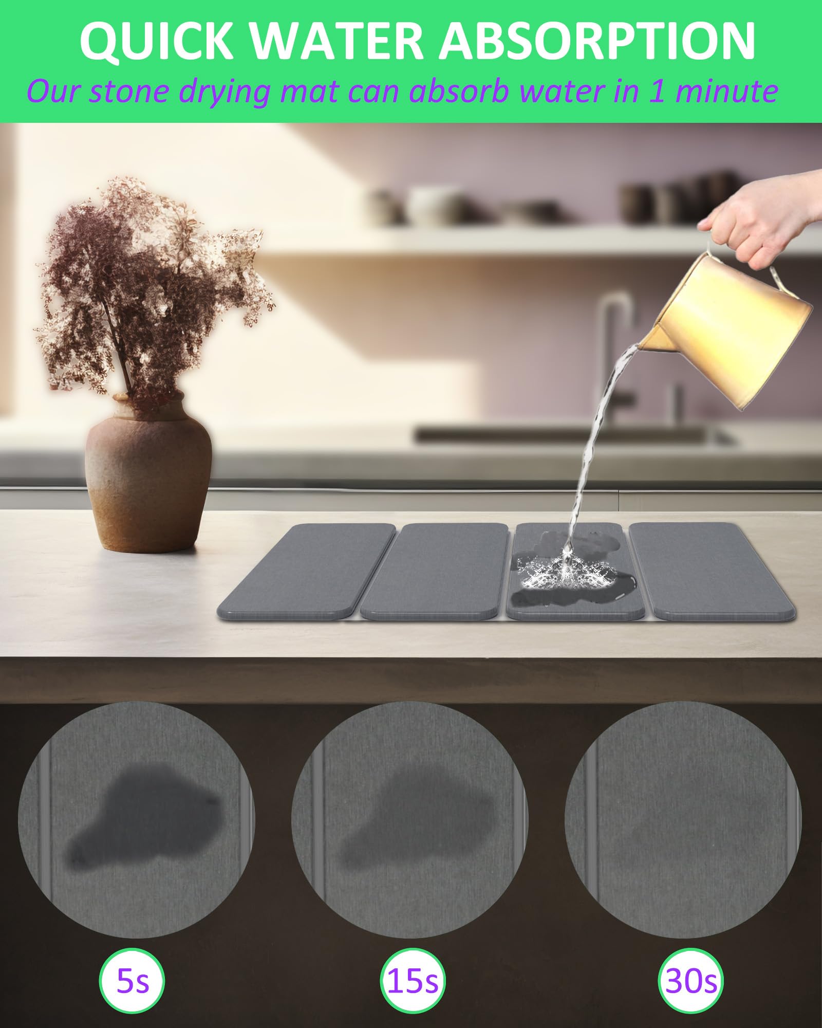 Azorteja stone drying mat folded compact storage demonstrates quick stowaway.