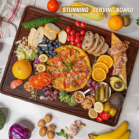 AZRHOM walnut board with deep juice groove to trap liquids during slicing