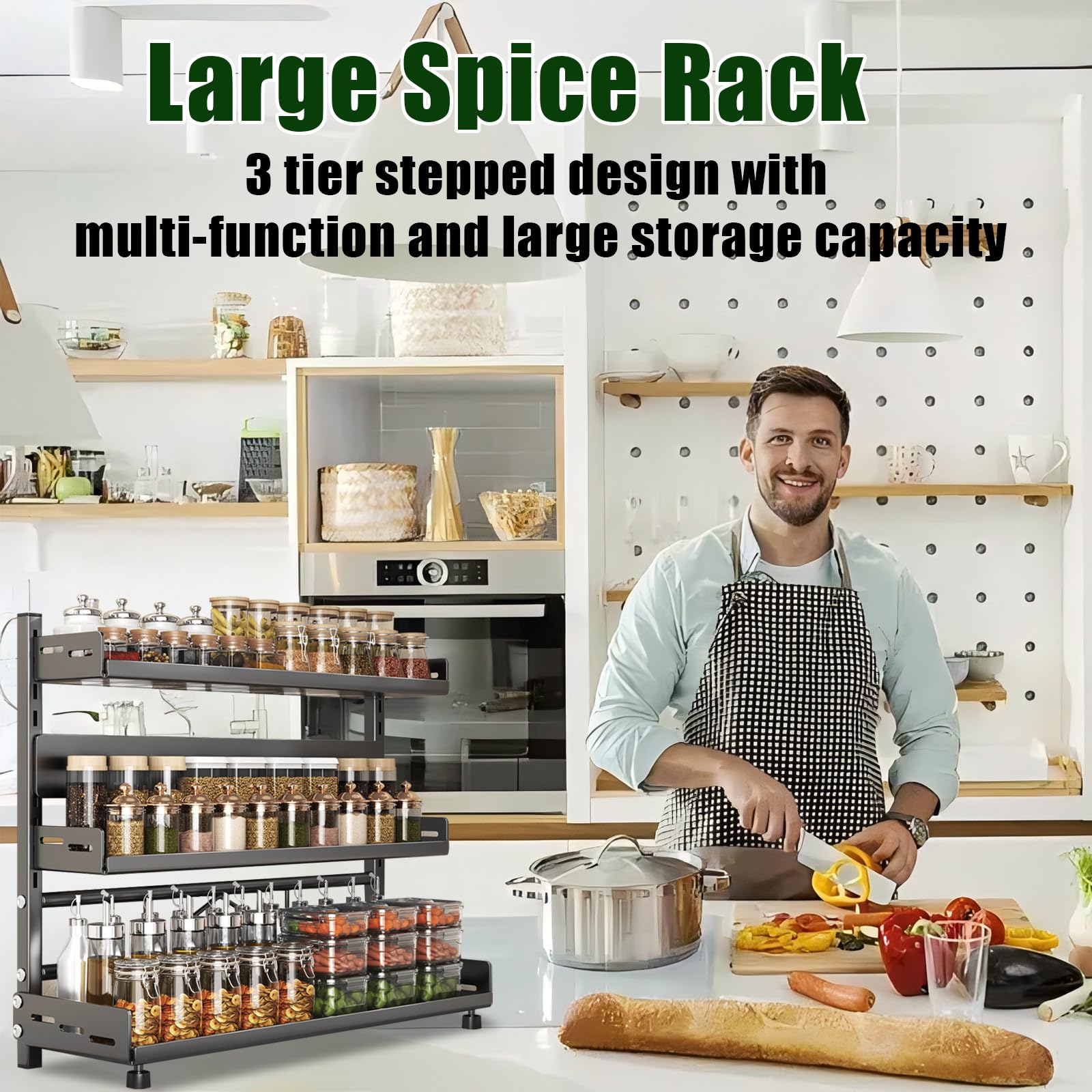 Azurphoric spice organizer in carbon steel offers stable, rust-resistant kitchen storage.