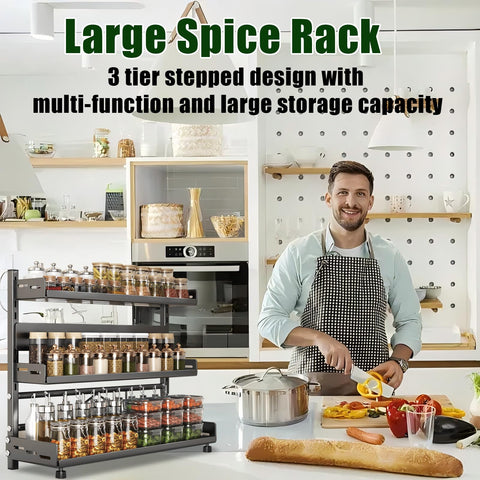 Azurphoric spice organizer in carbon steel offers stable, rust-resistant kitchen storage.