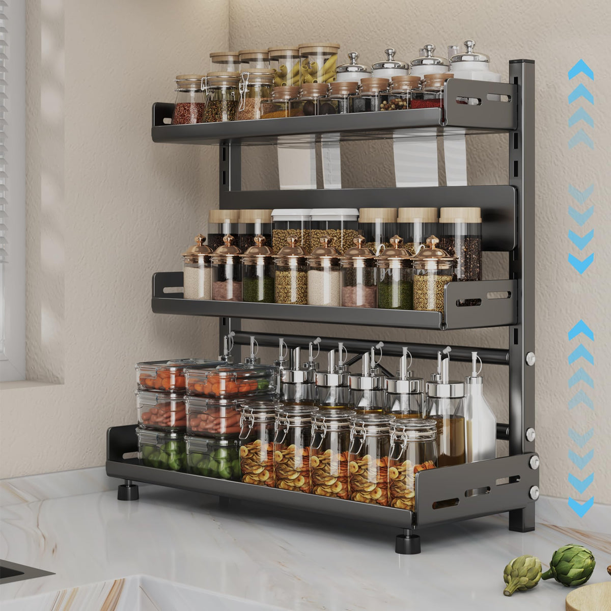 Azurphoric 3-tier spice rack with height-adjustable shelves for versatile bottle sizes.