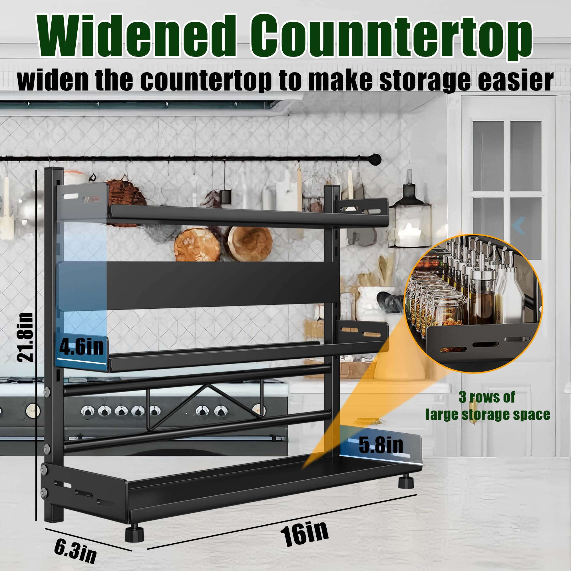 Adjustable partitions fit tall bottles and irregular containers.