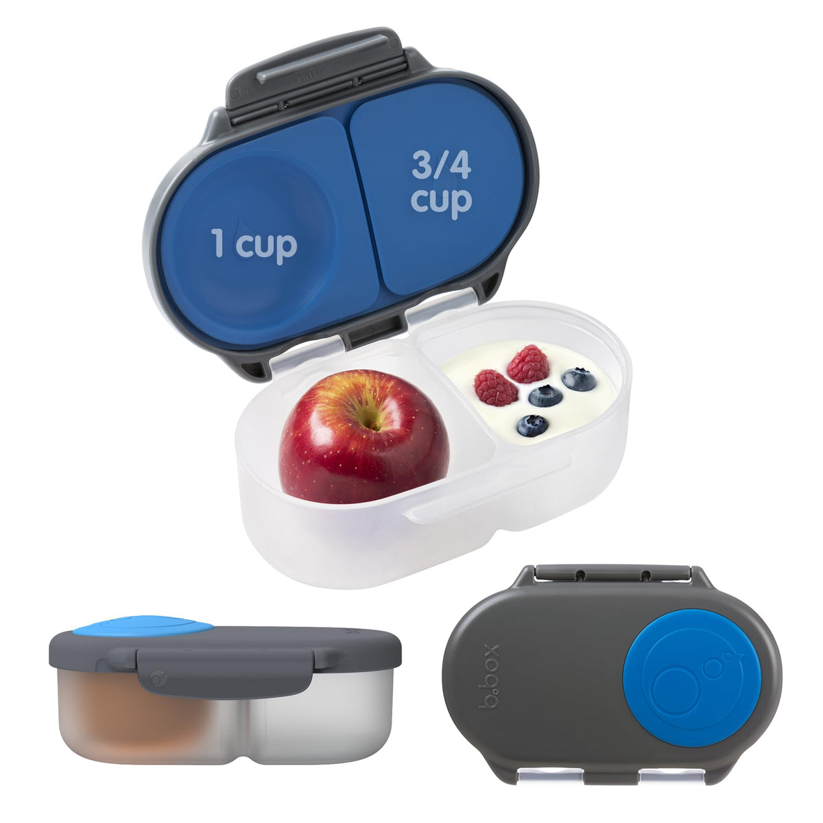 b.box Snack Box shows a leakproof seal, ideal for on-the-go yogurt and dips.