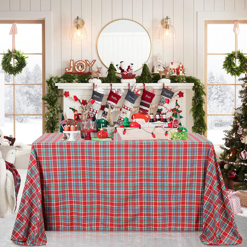 B-COOL checkered tablecloth on dining table with plaid pattern for festive gatherings.