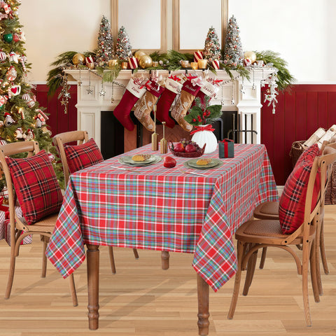 B-COOL checkered tablecloth texture emphasizing stain protection for everyday meals.
