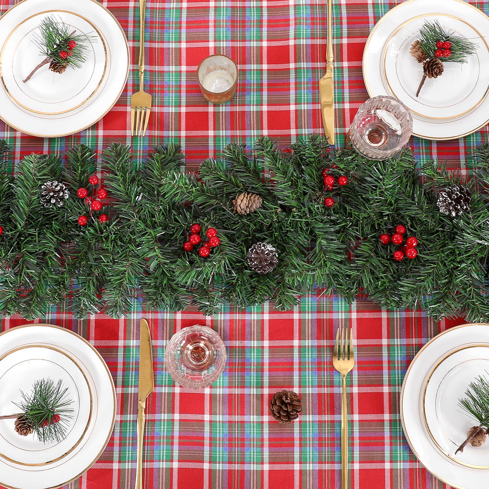 B-COOL rectangle plaid tablecloth in living or dining area.