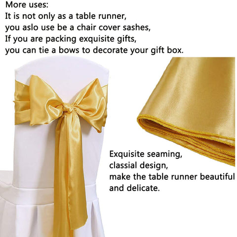 B-COOL gold satin table runner on wedding table enhances elegant reception styling