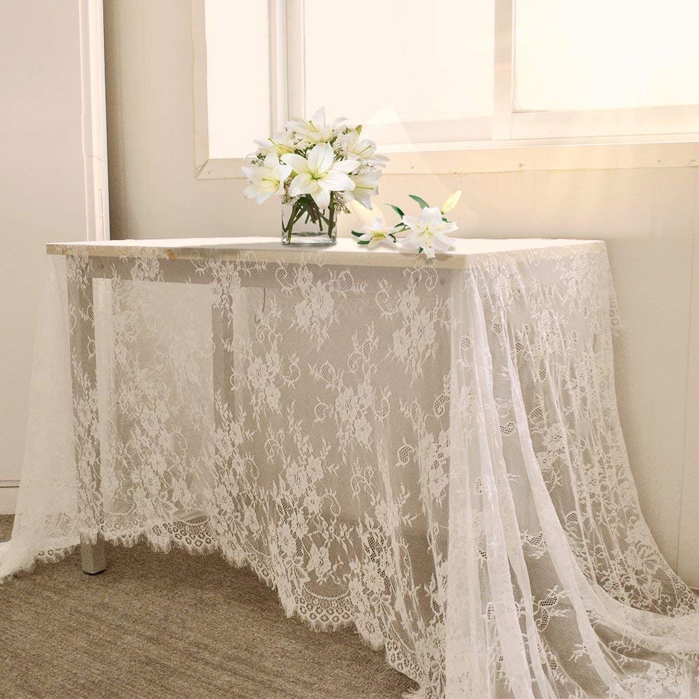 B-COOL white lace tablecloth on a rectangle table adds elegant dining appeal