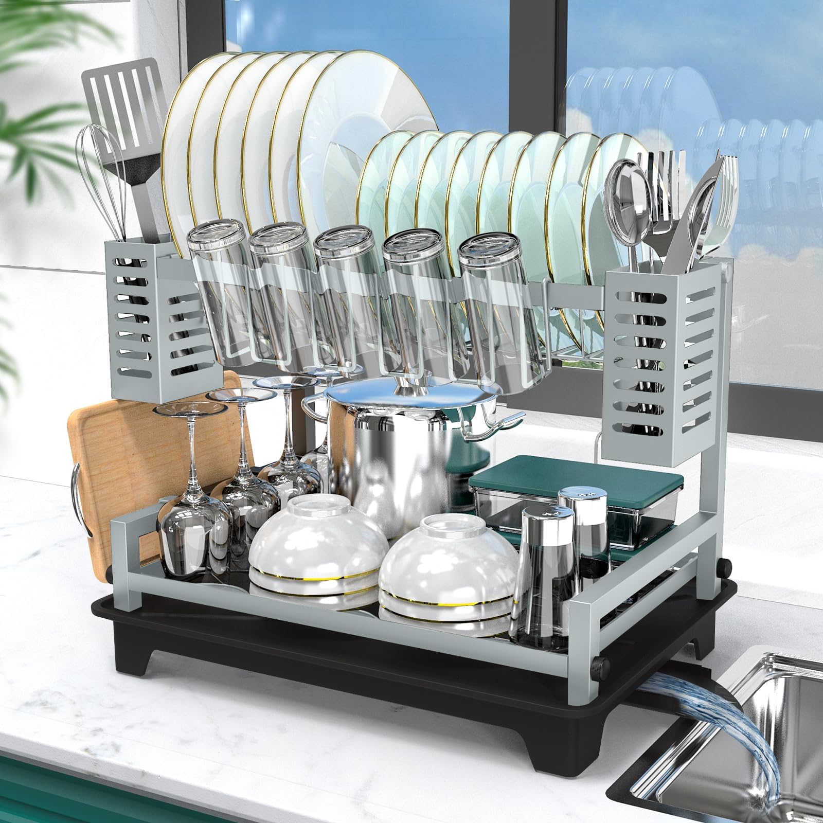 B-Land two-tier dish drying rack top view showing spacious plate storage