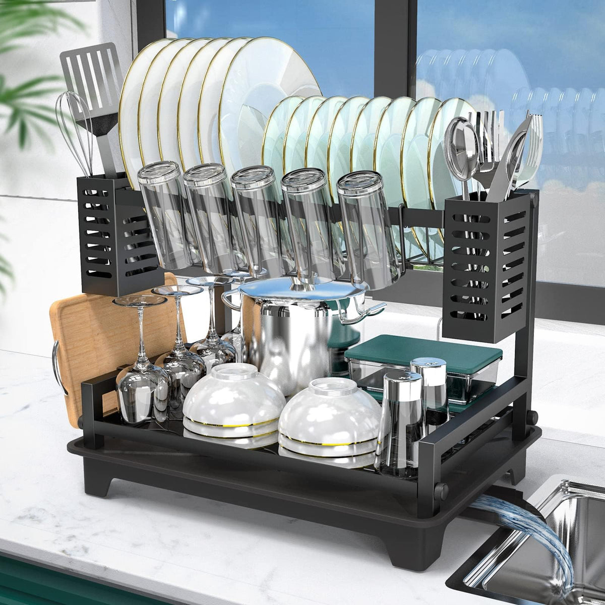 B-Land dish drying rack 2-tier organizes plates and pans for tidy countertops.
