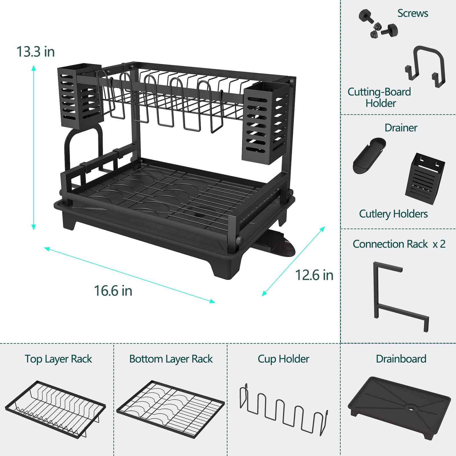 B-Land dish drying rack bottom-tier holds bowls and cookware for quick drying.