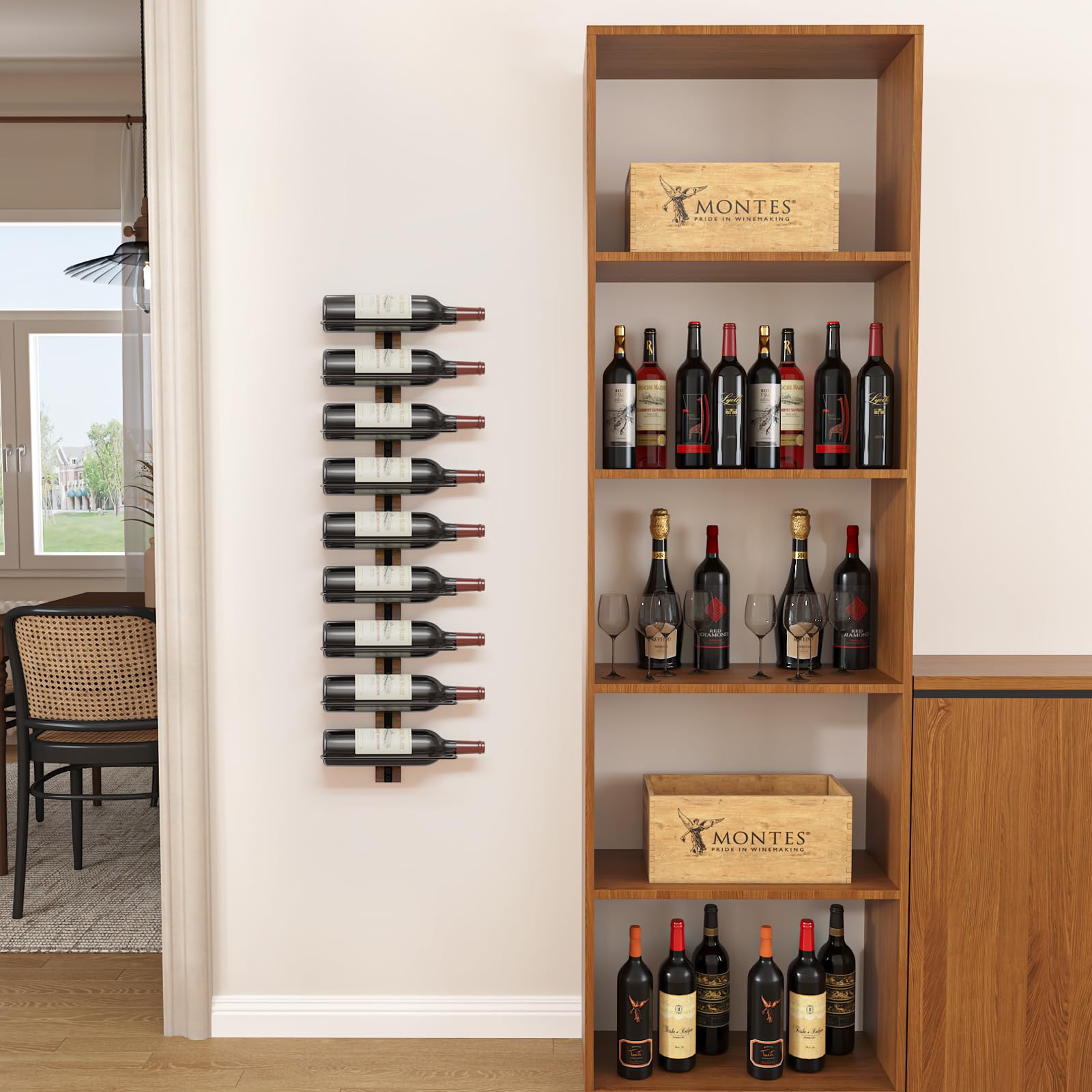 Nine-bottle display with B4Life wine rack on wall