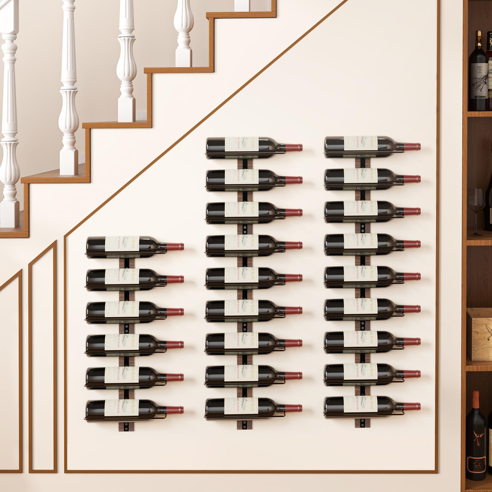 Wall-mounted wine rack in kitchen-dining-bar setting