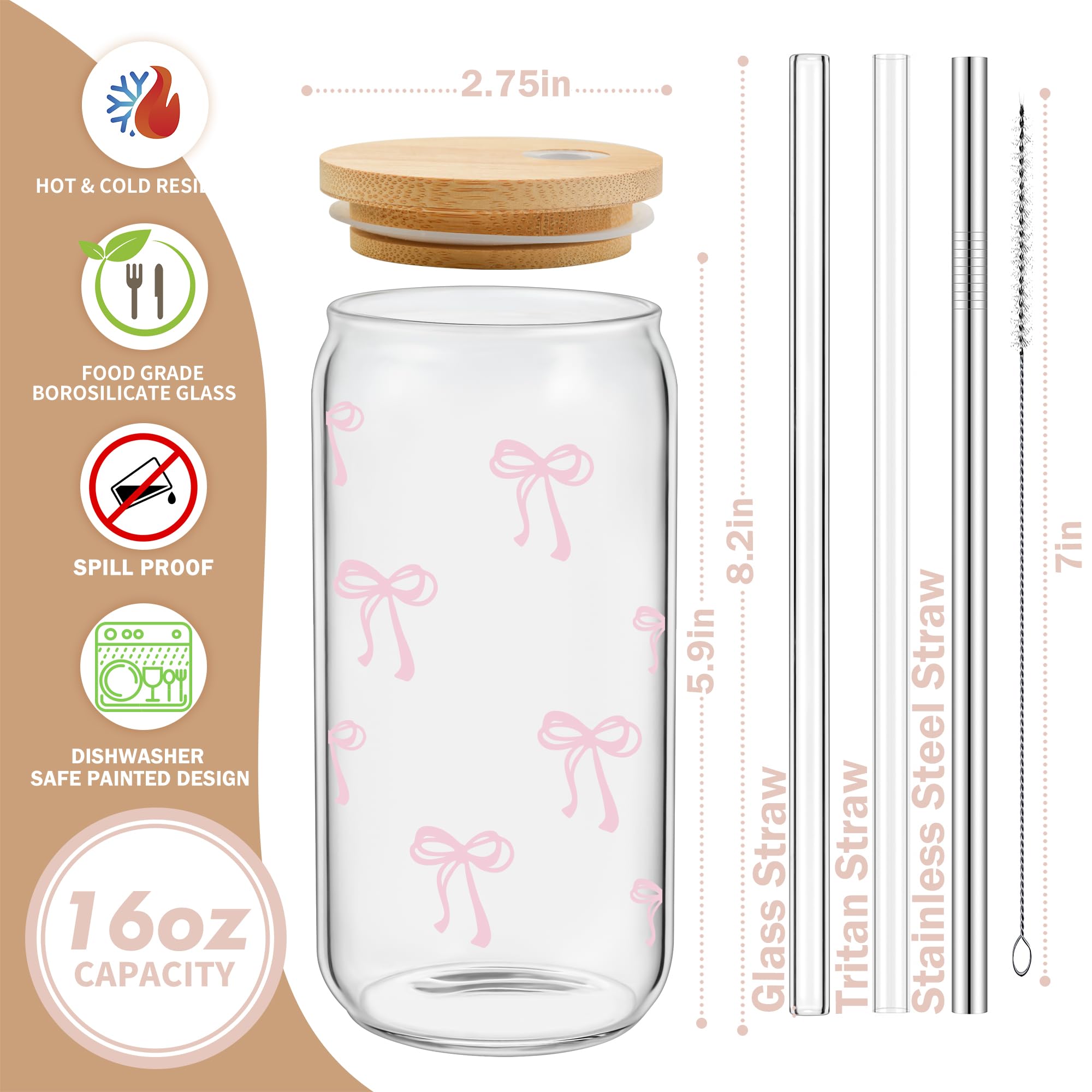 BIPEDS Coquette pink bow glass cup with natural bamboo lid for sealing freshness