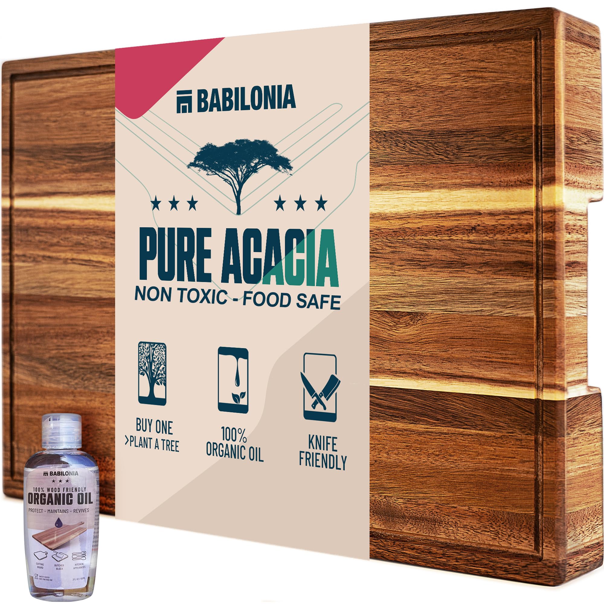 BABILONIA acacia cutting board with handles and extra thick surface for stable chopping.