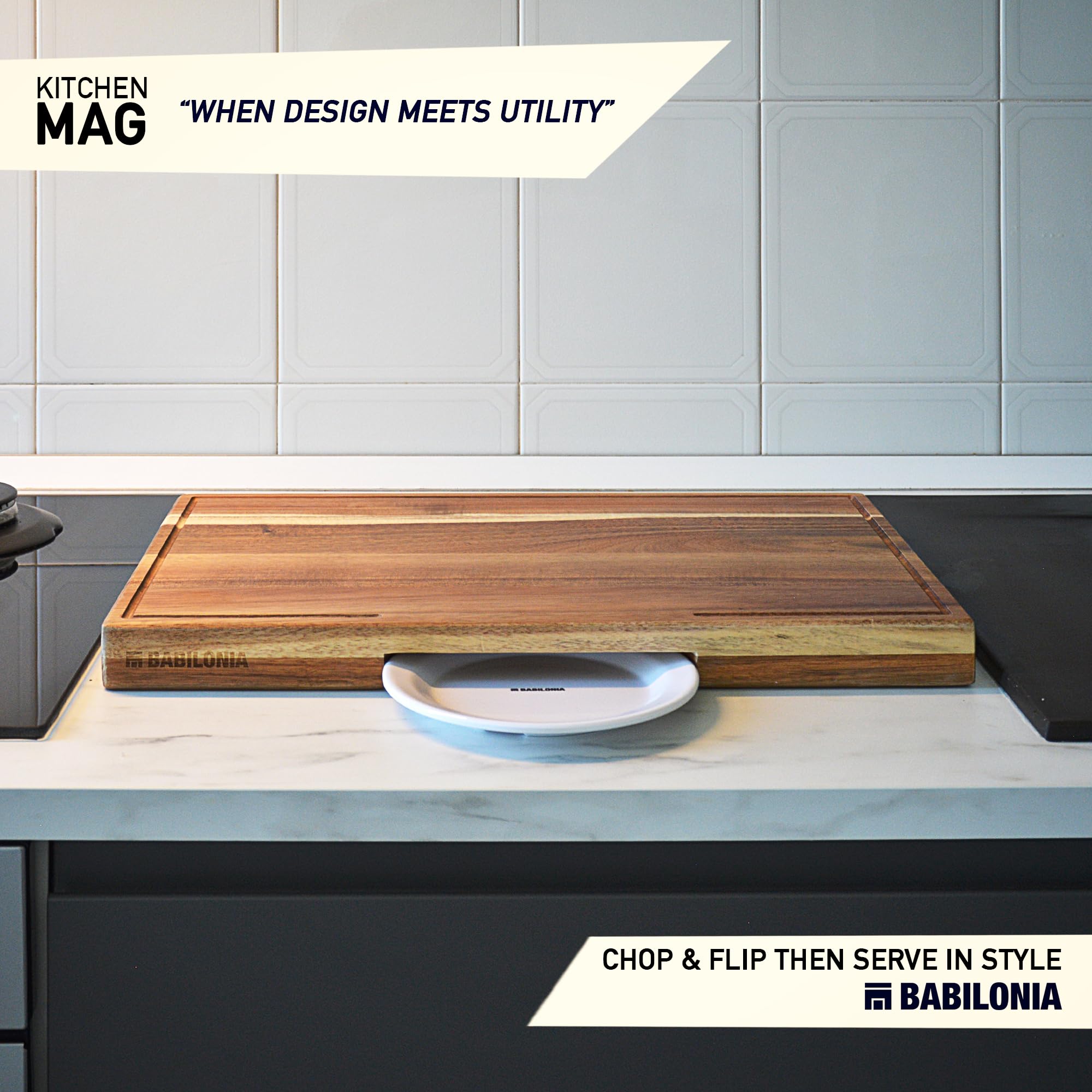 BABILONIA acacia board shows edge-grain detail for durable, knife-friendly use.