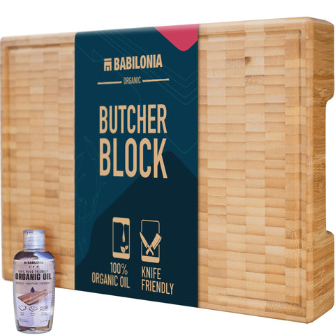 BABILONIA extra-thick bamboo cutting board showing end-grain surface for stability
